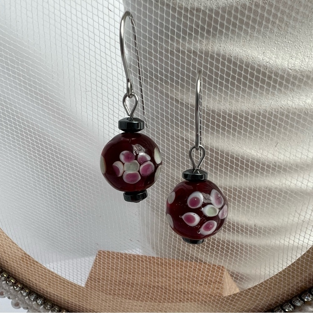 Lampwork Beaded Dangle Earrings Dark Cherry Red